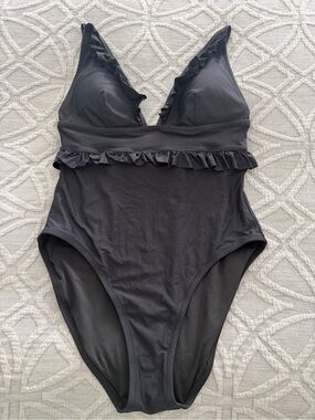 J. Crew Black Ruffled One-Piece Swimsuit